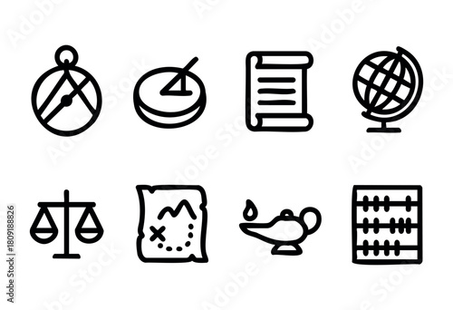Collection of simple symbols includes compass, sundial, globe, scales of justice, treasure map, oil lamp, and an abacus, conveying themes of navigation and exploration.