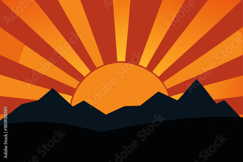 Retro mountain landscape with vibrant sun rays at sunrise or sunset