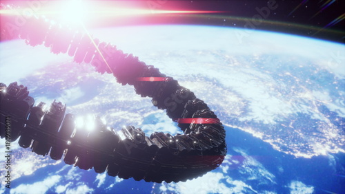 Fotografía Highly detailed huge spaceship approaching to the Earth elements furnished by na