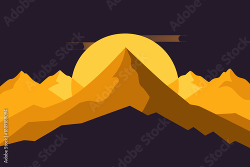 Stylized mountain landscape with sunset over peak vector illustration