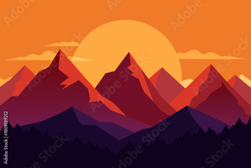 Stylized mountains at sunset with vibrant orange sky and trees