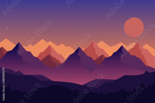 Minimalist mountain landscape with vibrant gradient sunset sky