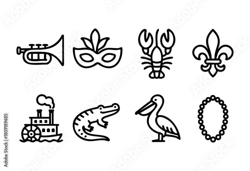 Collection of symbols showcasing New Orleans culture, featuring a trumpet, lobster, mask, and local wildlife like a pelican and alligator, highlighting the city's vibrant traditions.