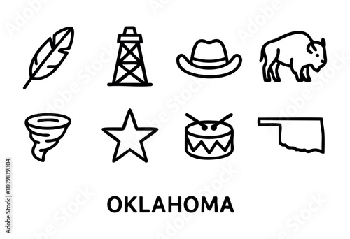 Icons showcasing elements of Oklahoma's identity, including a feather, oil rig, cowboy hat, bison, tornado, star, drum, and the outline of the state, reflect its rich culture.