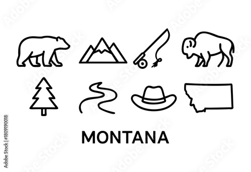This creative graphic showcases the essence of Montana with symbols representing its wildlife, landscapes, and activities, including bears, bison, and mountains, all labeled clearly.