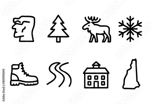 People participate in winter outdoor fun in New Hampshire, featuring a snowy scene with a moose, ski tracks, pine trees, and winter gear alongside a cozy cabin.