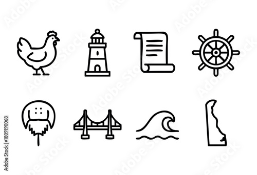 A collection of eight simple line icons shows a chicken, lighthouse, scroll, ship wheel, bearded face, bridge, ocean wave, and a peninsula. Each icon represents coastal themes.