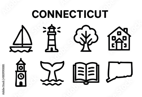 Various symbols of Connecticut are represented with a sailing boat, lighthouse, tree, house, clock tower, whale, book, and the shape of the state. Each icon highlights local culture.