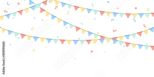 Guirlandes de fanions pastel avec confettis – Décor festif coloré et joyeux – Illustration événementielle