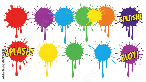 Colorful paint splatters and splashes creating vibrant abstract art forms