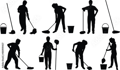 Vector collection of people cleaning silhouettes, men and women mopping floor with bucket, domestic chore icons, housekeeping service graphic design, sanitary worker set