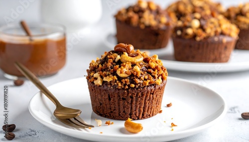 Mouthwatering chocolate muffin topped with nuts, on a plate near more muffins and a jar of caramel