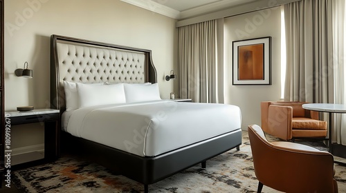 Wallpaper Mural Large bed with a black frame and white sheets is in a room with a tan wall Torontodigital.ca