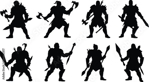 Vector collection of fantasy warrior silhouettes, barbarian fighter with axe and sword, ancient soldier illustration, black mythical character for game design
