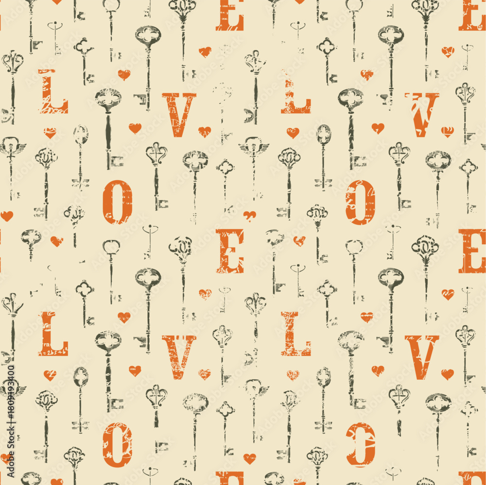 Fototapeta premium Seamless pattern on the theme of love and valentine's day. With keys, hearts and initial letters. Abstract background. Suitable for wallpaper, wrapping paper, fabric, tile, textile. No ai