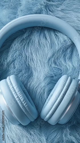 Pastel sky blue headphones mockup on fluffy carpet texture