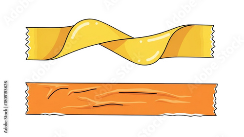 A set of isolated yellow adhesive tape strips, with one piece twisted and another piece wrinkled
