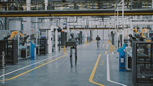 Wallpaper Mural Automated Logistics Robots Transporting Cargo Cases in Production Plant. Multiple Robots Engaged in Automated Logistics, Carrying Cargo Cases Along Marked Lanes. Unmanned Transport and Efficiency. Torontodigital.ca