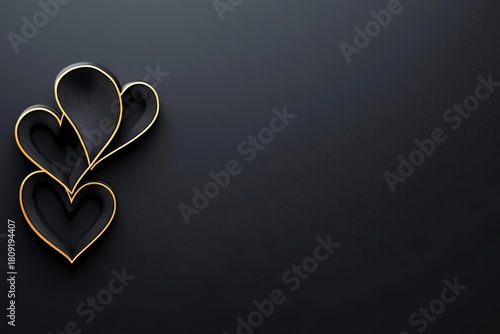 Three stacked heart shapes feature black textures and gold edging on a dark background.