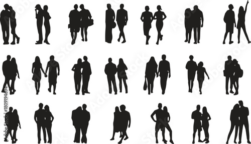 Vector collection of couple and people silhouettes, diverse group walking, standing, and interacting, black human figures for public space design, isolated set
