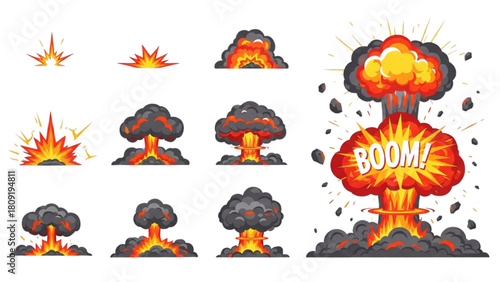 Dynamic Cartoon Explosion Effects Set Animated Boom Blasts and Fire Bursts for Game Design and Visual Projects