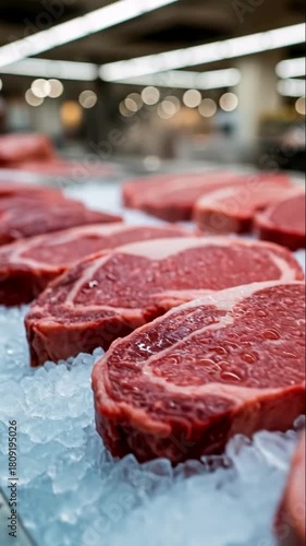 Close-up of raw ribeye steaks on ice. Vertical video of a fresh meat display in a supermarket. Quality beef for sale at the butcher counter