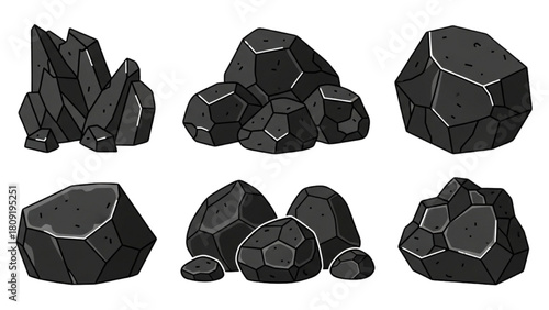 A collection of stylized black rock formations and coal piles, illustrated game assets