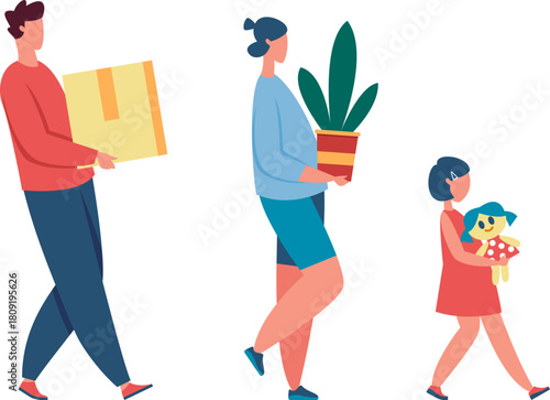 Family moving home carrying boxes and plant