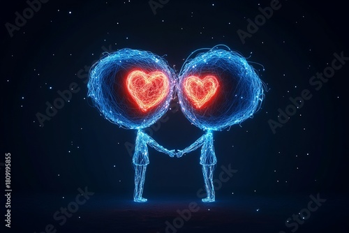 Two glowing figures holding hands are adorned with red hearts inside swirling blue spheres against a dark starry background.