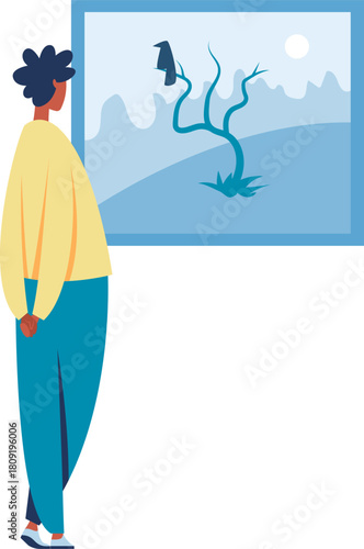 Person standing observing abstract painting in art gallery