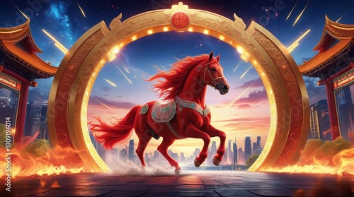 Majestic Celestial Horse: A vibrant crimson horse gallops through a grand celestial archway, against the backdrop of a glittering city skyline and an awe-inspiring night sky.