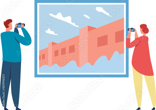 Artists taking pictures of artwork in gallery exhibit