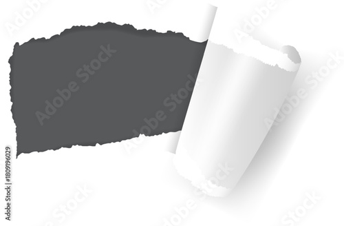 White paper tearing revealing dark grey background space