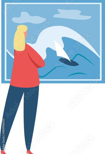 Woman viewing abstract ocean wave sailboat painting