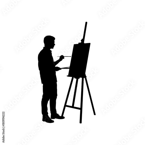 Artist painter with easel silhouette -  vector illustration