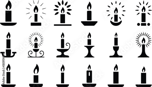 Candle silhouette illustration set, glowing flame icons, ornate holders, spiritual graphic, decorative symbol, festive light design elements