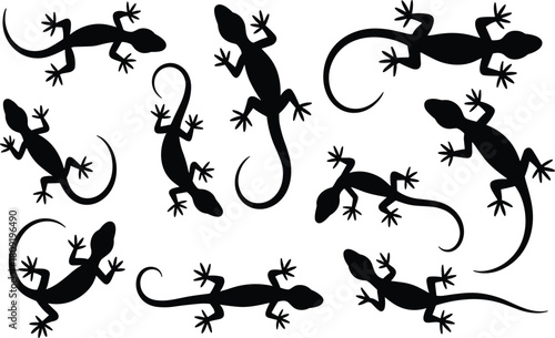 Lizard silhouette illustration set, crawling and climbing poses, reptile icons, nature graphic, wildlife symbol, motion shape design