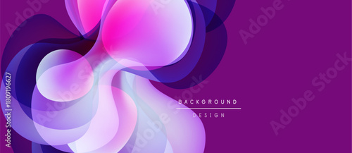 Abstract fluid shapes overlap, creating vibrant purple, pink hues. Modern design suggests movement, energy, depth. Background features text elements.