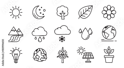 Hand Drawn Icons Representing Different Environmental Elements for Graphic Design