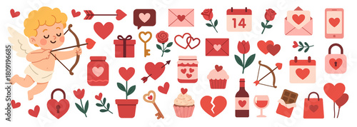 Valentines day elements illustrations set. Cute cartoon clipart for day of lovers.