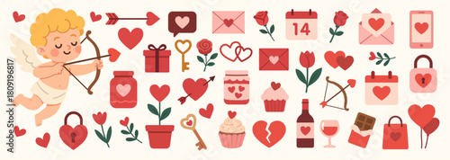 Valentines day elements illustrations vector set. Cute cartoon clipart for day of lovers.