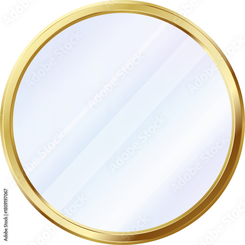 Golden circular mirror reflecting light on a blank background