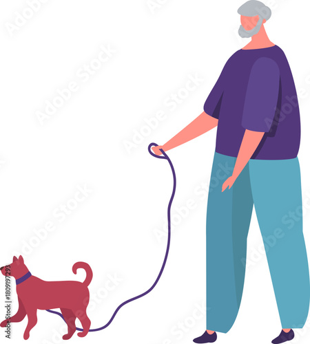 Senior man walking his dog on leash