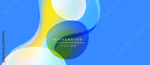 Abstract fluid shapes overlap, creating vibrant blue, yellow gradients. Text reads background design within central form. Modern, dynamic composition.