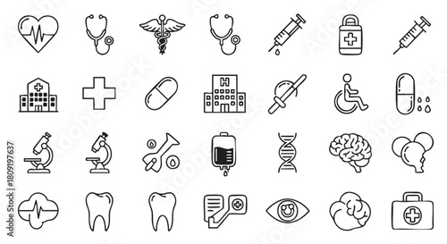 Healthcare and Medical Icons Set Black and White Outline Style