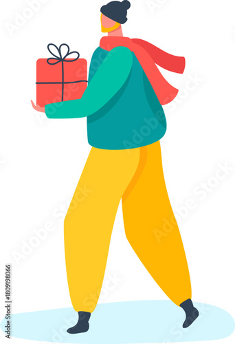 Man in winter clothes holding a red wrapped gift box
