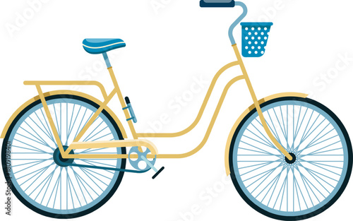 Yellow city bicycle with basket riding concept