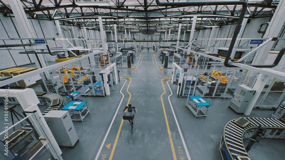 Fototapeta premium Humanoid Workers in Highly Automated Environments. Future of Assembly Line, Where Humanoid Robots Function in Structured Industrial Settings. Concept of Technological Advancement and Modern Industry.