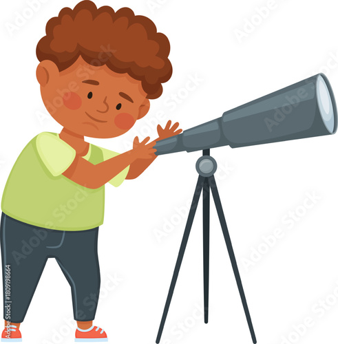 Young boy exploring astronomy observing with telescope