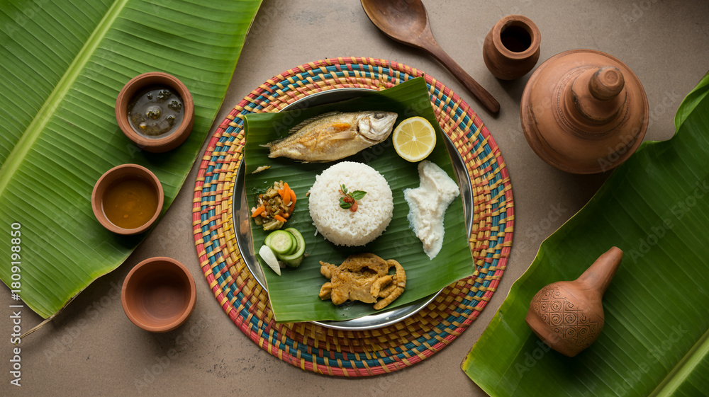 Fototapeta premium Authentic Traditional Meal Served on Banana Leaf